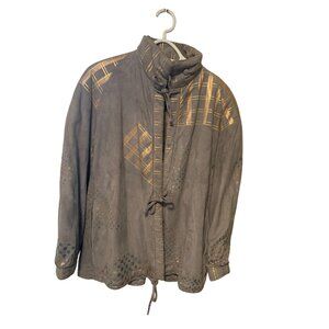Char & Sher Womens Sz Large Tie Up Rare Jacket Coat Gray Gold Vintage Faux Suede